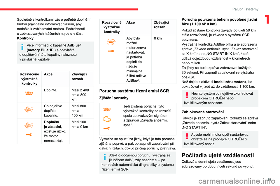CITROEN C3 AIRCROSS 2021 Návod na použití (in Czech) 15
Palubní systémy
1Společně s kontrolkami vás o potřebě doplnění
budou pravidelně informovat hlášení, aby
nedošlo k zablokování motoru. Podrobnosti
o zobrazovaných hlášeních na CITROEN C3 AIRCROSS 2021 Návod na použití (in Czech) 15
Palubní systémy
1Společně s kontrolkami vás o potřebě doplnění
budou pravidelně informovat hlášení, aby
nedošlo k zablokování motoru. Podrobnosti
o zobrazovaných hlášeních na