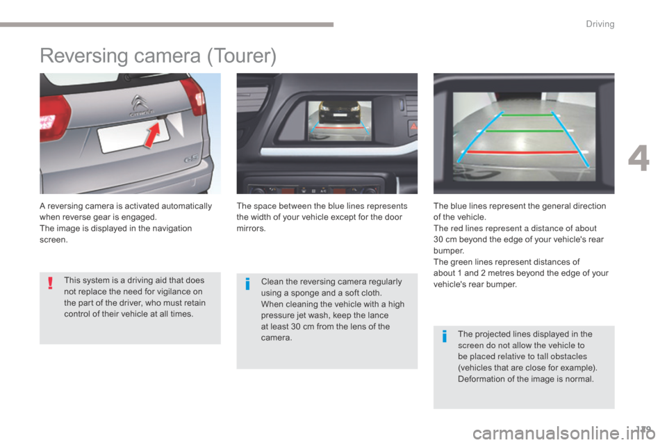 Citroen C5 2017 (RD/TD) / 2.G Owners Manual 129
C5_en_Chap04_conduite_ed01-2016
Reversing camera (Tourer)
A reversing camera is activated automatically 
when reverse gear is engaged.
The image is displayed in the navigation 
screen.The space be