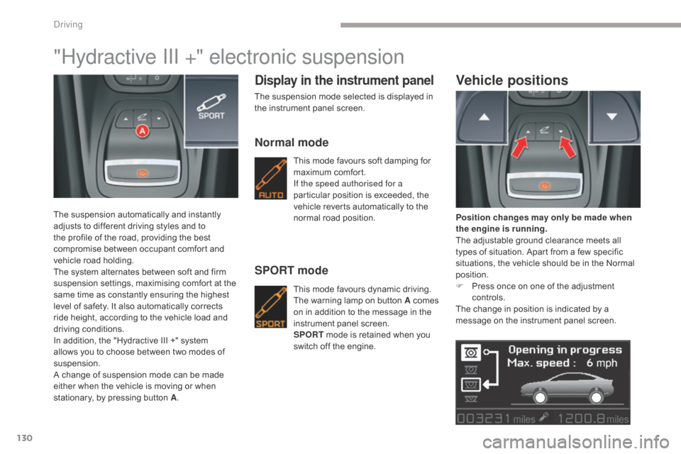 Citroen C5 2017 (RD/TD) / 2.G Owners Manual 130
C5_en_Chap04_conduite_ed01-2016
"Hydractive III +" electronic suspension
The suspension automatically and instantly 
adjusts to different driving styles and to 
the profile of the road, providing 