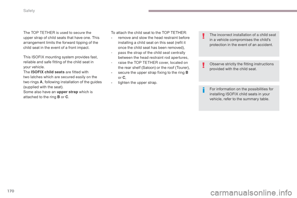 Citroen C5 2017 (RD/TD) / 2.G Owners Manual 170
C5_en_Chap06_securite_ed01-2016
To attach the child seat to the TOP TETHER:
- r emove and stow the head restraint before 
installing a child seat on this seat (refit it 
once the child seat has be