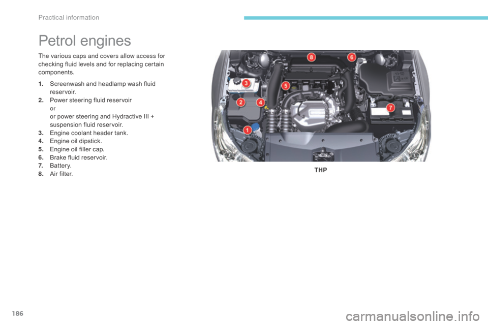 Citroen C5 2017 (RD/TD) / 2.G Owners Manual 186
C5_en_Chap07_info-pratiques_ed01-2016
The various caps and covers allow access for 
checking fluid levels and for replacing certain 
components.THP
Petrol engines
1. Screenwash and headlamp wash f