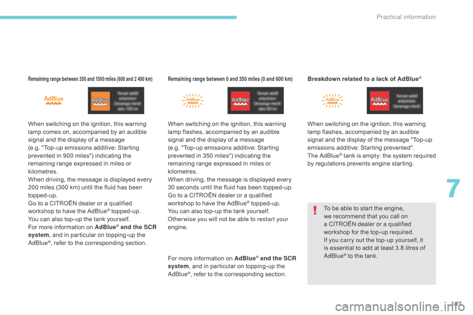 Citroen C5 2017 (RD/TD) / 2.G Owners Manual 197
C5_en_Chap07_info-pratiques_ed01-2016
When switching on the ignition, this warning 
lamp comes on, accompanied by an audible 
signal and the display of a message  
(e.g. "Top-up emissions additive