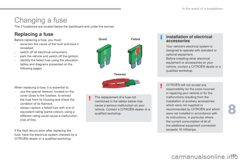Citroen C5 2017 (RD/TD) / 2.G Owners Manual 229
C5_en_Chap08_en-cas-de-panne_ed01-2016
Changing a fuse
The 2 fuseboxes are located below the dashboard and under the bonnet.
Replacing a fuse
Before replacing a fuse, you must:
- a scertain the ca