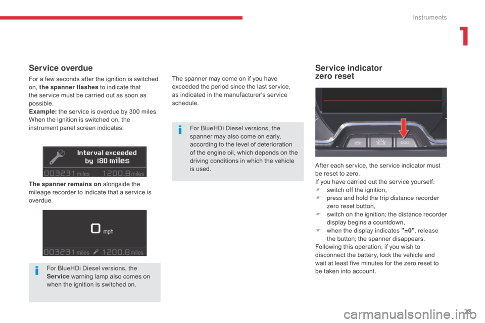 Citroen C5 2017 (RD/TD) / 2.G Owners Manual 23
C5 _en_Chap01_instruments-bord_ed01-2016
Service indicator  
zero resetService overdue
For a few seconds after the ignition is switched 
on, the spanner flashes to indicate that 
the service must b
