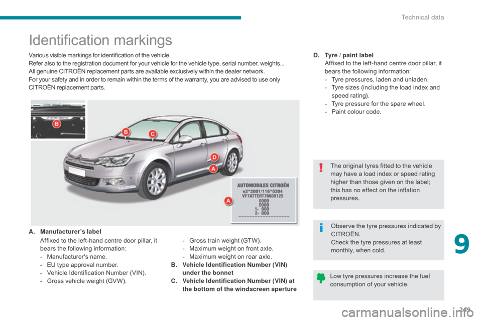 Citroen C5 2017 (RD/TD) / 2.G Owners Manual 249
C5_en_Chap09_caracteristiques-techniques_ed01-2016
Identification markings
Various visible markings for identification of the vehicle.
Refer also to the registration document for your vehicle for 