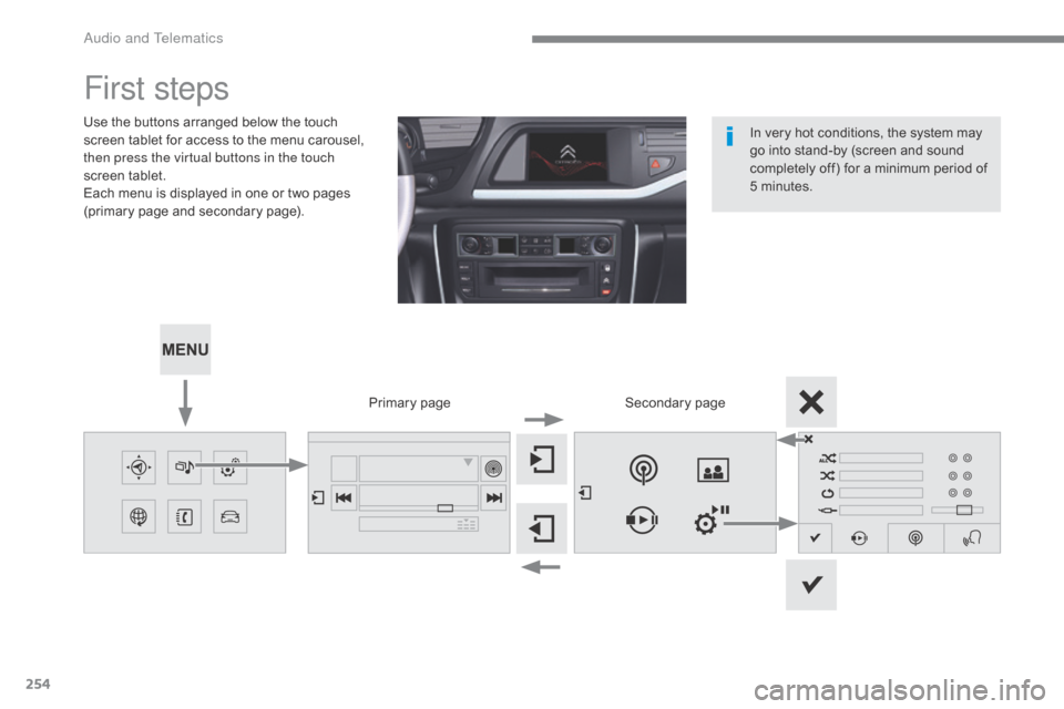 Citroen C5 2017 (RD/TD) / 2.G Owners Manual 254
C5_en_Chap10b_SMEGplus_ed01-2016
First steps
Use the buttons arranged below the touch
screen tablet for access to the menu carousel,
then press the virtual buttons in the touch
screen tablet.
E Citroen C5 2017 (RD/TD) / 2.G Owners Manual 254
C5_en_Chap10b_SMEGplus_ed01-2016
First steps
Use the buttons arranged below the touch
screen tablet for access to the menu carousel,
then press the virtual buttons in the touch
screen tablet.
E