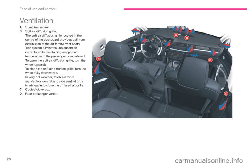 Citroen C5 2017 (RD/TD) / 2.G Owners Manual 70
C5_en_Chap03_ergonomie-et-confort_ed01-2016
Ventilation
A. Sunshine sensor.
B. Soft air diffusion grille.
 T

he soft air diffusion grille located in the 
centre of the dashboard provides optimum 
