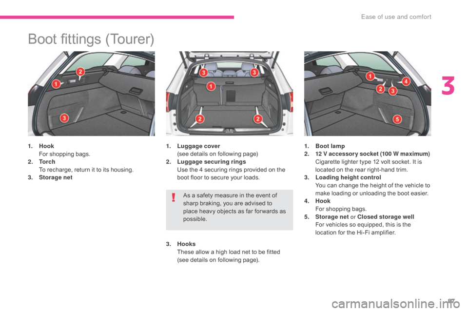 Citroen C5 2017 (RD/TD) / 2.G Owners Manual 87
C5_en_Chap03_ergonomie-et-confort_ed01-2016
Boot fittings (Tourer)
1. Hook 
   F or shopping bags.
2.
 T

o r c h 
 T

o recharge, return it to its housing.
3.
 Sto

rage net 1. Lu
ggage
 cover  (
