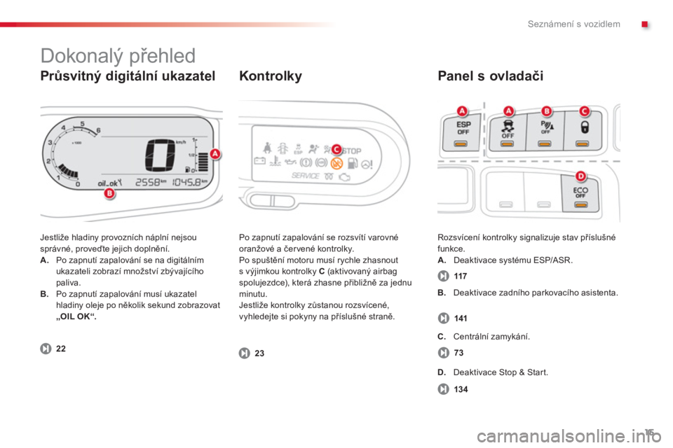 CITROEN C3 PICASSO 2014  Návod na použití (in Czech) .Seznámení s vozidlem
15
   
Průsvitný digitální ukazatel    
Panel s ovladači 
 
Jestliže hladiny provozních náplní nejsou správné, proveďte jejich doplnění.A.Po zapnutí zapalování