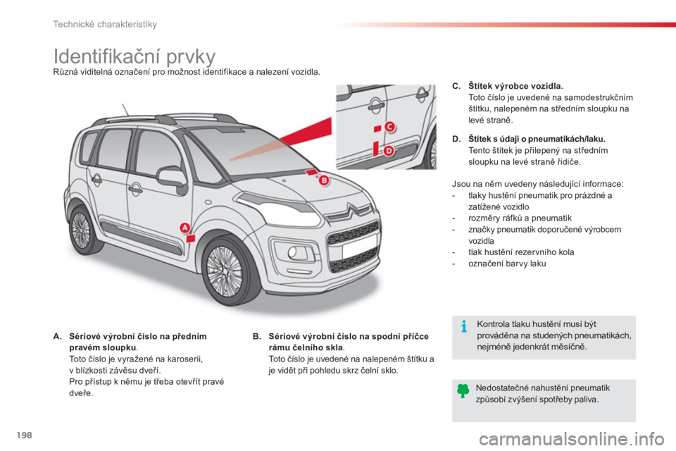 CITROEN C3 PICASSO 2014  Návod na použití (in Czech) Technické charakteristiky
198
   
 
 
 
 
 
 
 
 
 
 
 
 
 
 
 
 
 
 
 
 
 
 
Identifikační prvky  
Různá viditelná označení pro možnost identifikace a nalezení vozidla.  
   
 
 
A. 
  Sér