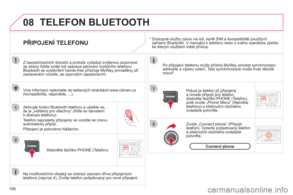 CITROEN C3 PICASSO 2012  Návod na použití (in Czech) 198
08
1
2
2
1
   * 
   
Dostupné služby závisí na síti, kartě SIM a kompatibilitě použitých 
zařízení Bluetooth. V manuálu k telefonu nebo u svého operátora zjistíte, 
ke kterým slu�