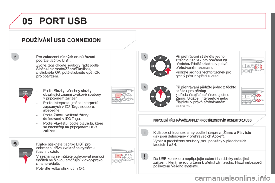 CITROEN C3 PICASSO 2012  Návod na použití (in Czech) 217
3
4
05
2
1
LISTREFRESH
LISTREFRESH
   
POUŽÍVÁNÍ USB CONNEXION 
 
 
Krátce stiskněte tlačítko LIST pro zobrazení dříve zvoleného systému řazení složek.
  V seznamu se můžete poh
