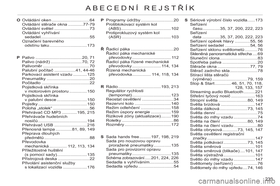 CITROEN C3 PICASSO 2012  Návod na použití (in Czech) 233
ABECEDNÍ REJSTŘÍK
P Programy údržby ..........................20
  Protiblokovací systém kol 
(ABS) ........................................102
  Protiprokluzový systém kol 
(ASR) .......