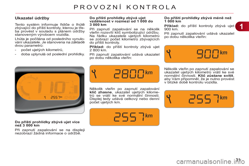 CITROEN C3 PICASSO 2012  Návod na použití (in Czech) 1
PROVOZNÍ KONTROLA
Ukazatel údržby
  Tento systém informuje řidiče o lhůtě 
zbývající do příští kontroly, kterou je tře-
ba provést v souladu s plánem údržby 
stanoveným výrobce