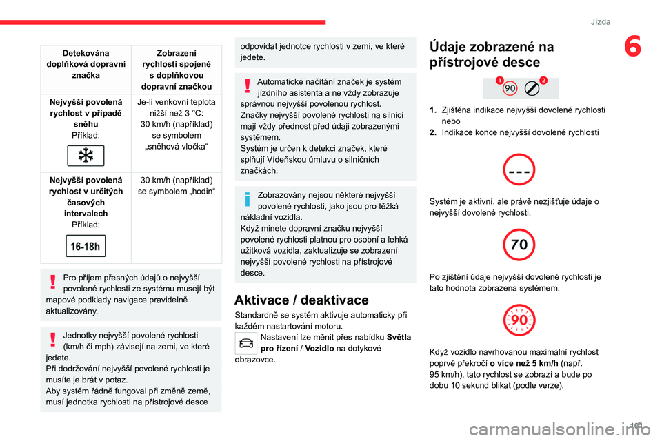 CITROEN C4 2021 Návod na použití (in Czech) 101
Jízda
6Detekována
doplňková dopravní značka Zobrazení
rychlosti spojené s
doplňkovou
dopravní značkou
Nejvyšší povolená rychlost v
případě
sněhu
Příklad:
Je-li CITROEN C4 2021 Návod na použití (in Czech) 101
Jízda
6Detekována
doplňková dopravní značka Zobrazení
rychlosti spojené s
doplňkovou
dopravní značkou
Nejvyšší povolená rychlost v
případě
sněhu
Příklad:
Je-li