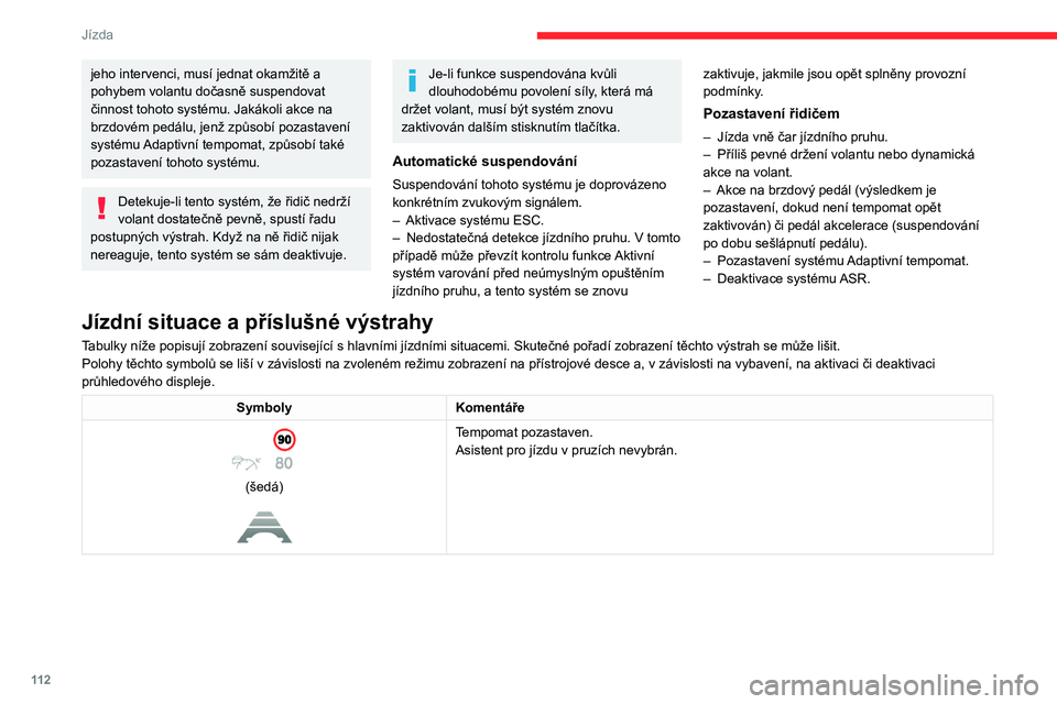 CITROEN C4 2021 Návod na použití (in Czech) 11 2
Jízda
jeho intervenci, musí jednat okamžitě a
pohybem volantu dočasně suspendovat
činnost tohoto systému. Jakákoli akce na
brzdovém pedálu, jenž způsobí pozastavení
systému Ad CITROEN C4 2021 Návod na použití (in Czech) 11 2
Jízda
jeho intervenci, musí jednat okamžitě a
pohybem volantu dočasně suspendovat
činnost tohoto systému. Jakákoli akce na
brzdovém pedálu, jenž způsobí pozastavení
systému Ad
