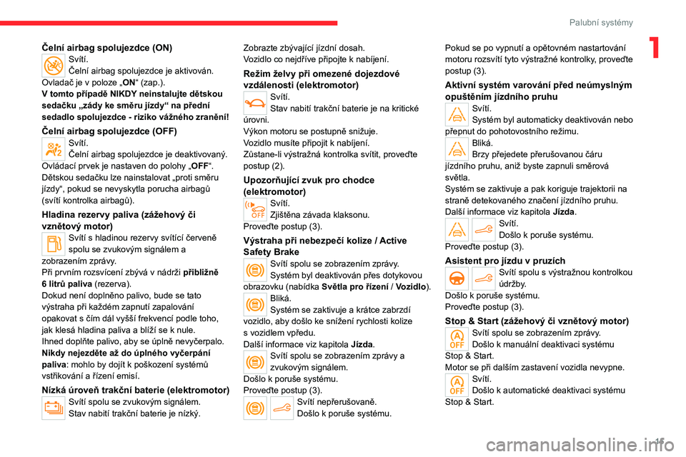 CITROEN C4 2021  Návod na použití (in Czech) 15
Palubní systémy
1Čelní airbag spolujezdce (ON)Svítí.
Čelní airbag spolujezdce je aktivován.
Ovladač je v
  poloze „ ON“ (zap.).
V
 
tomto případě NIKDY neinstalujte dětskou 
seda
