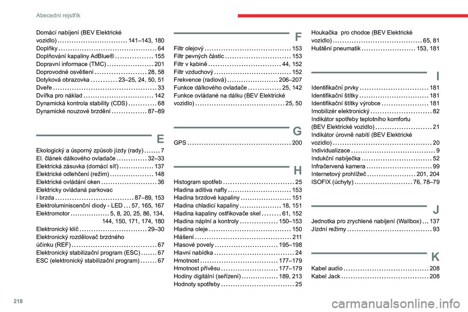 CITROEN C4 2021 Návod na použití (in Czech) 218
Abecední rejstřík
Domácí nabíjení (BEV Elektrické
vozidlo)
141–143, 180
Doplňky
64
Doplňování kapaliny AdBlue®
155
Dopravní informace (TMC)
201
Doprovodné osv CITROEN C4 2021 Návod na použití (in Czech) 218
Abecední rejstřík
Domácí nabíjení (BEV Elektrické
vozidlo)
141–143, 180
Doplňky
64
Doplňování kapaliny AdBlue®
155
Dopravní informace (TMC)
201
Doprovodné osv