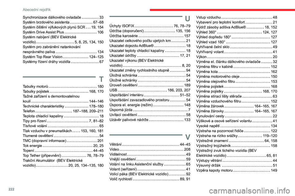 CITROEN C4 2021 Návod na použití (in Czech) 222
Abecední rejstřík
Synchronizace dálkového ovladače 33
Systém brzdového asistenta
67–68
Systém čištění výfukových plynů SCR
19, 154
Systém Drive Assist Plus
106
CITROEN C4 2021 Návod na použití (in Czech) 222
Abecední rejstřík
Synchronizace dálkového ovladače 33
Systém brzdového asistenta
67–68
Systém čištění výfukových plynů SCR
19, 154
Systém Drive Assist Plus
106