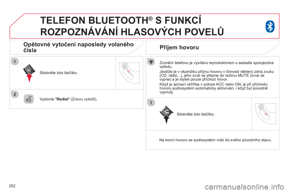 CITROEN C4 AIRCROSS 2014 Návod na použití (in Czech) 252
TELEFON BLUETOOTH ®
S FUNKCÍ
ROZPOZNÁVÁNÍ HLASOVÝCH POVELŮ
Zvonění telefonu je vysíláno reproduktorem u sedadla spolujezdce
vpředu.
Jestliže je v okamžiku pří CITROEN C4 AIRCROSS 2014 Návod na použití (in Czech) 252
TELEFON BLUETOOTH ®
S FUNKCÍ
ROZPOZNÁVÁNÍ HLASOVÝCH POVELŮ
Zvonění telefonu je vysíláno reproduktorem u sedadla spolujezdce
vpředu.
Jestliže je v okamžiku pří