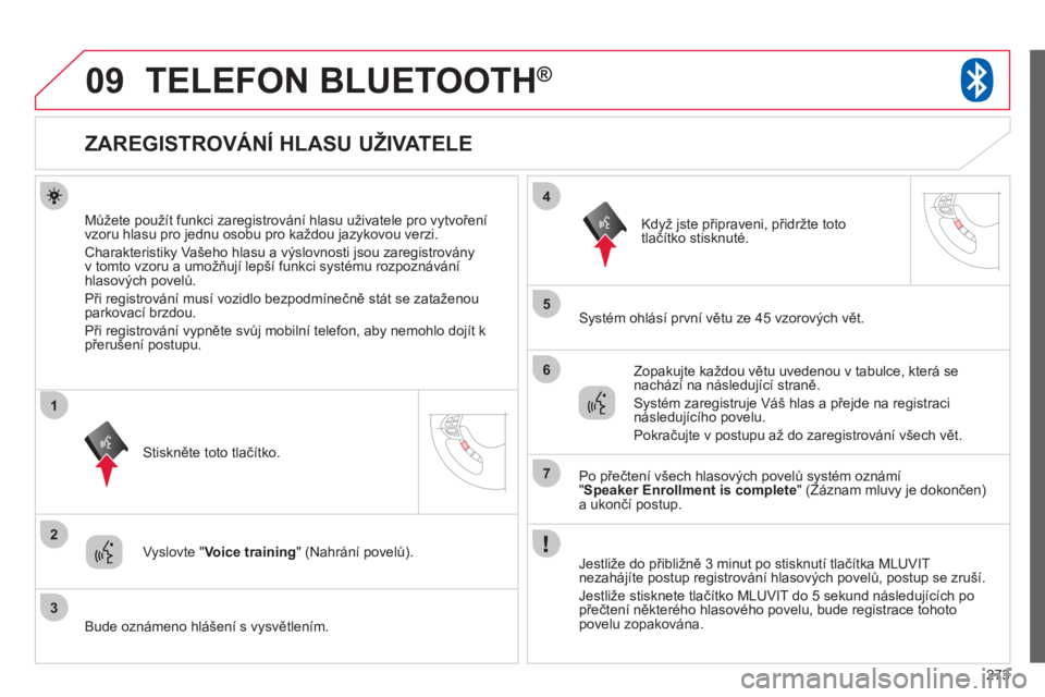 CITROEN C4 AIRCROSS 2013  Návod na použití (in Czech) 273
09
2
3
1
4
5
6
7
TELEFON BLUETOOTH®
   
 
 
 
 
 
 
 
 
 
 
 
 
 
ZAREGISTROVÁNÍ HLASU UŽIVATELE 
Můžete použít funkci zaregistrování hlasu uživatele pro vytvoření
vzoru hlasu pro jed