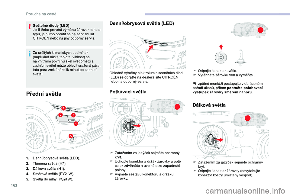 CITROEN C4 CACTUS 2019  Návod na použití (in Czech) 162
Světelné diody (LED)
Je-li třeba provést výměnu žárovek tohoto 
typu, je nutno obrátit se na ser visní síť 
CITROËN nebo na jiný odborný ser vis.
Za určitých klimatických podmín