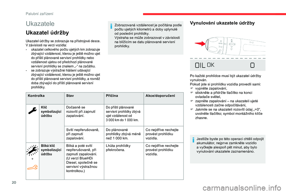 CITROEN C4 CACTUS 2019  Návod na použití (in Czech) 20
Ukazatele
Ukazatel údržby
Ukazatel údržby se zobrazuje na přístrojové desce. 
V  závislosti na verzi vozidla:
-
 
u
 kazatel celkového počtu ujetých km zobrazuje 
zbývající vzdálenos