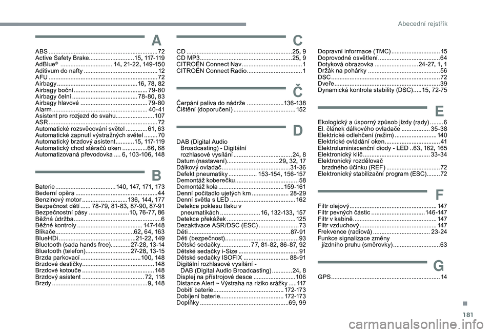 CITROEN C4 CACTUS 2019 Návod na použití (in Czech) 181
AABS .................................................................72
Active Safety Brake........................... 15, 117-11 9
AdBlue
® ............................... 14, 21-22 , 14 9 -15 CITROEN C4 CACTUS 2019 Návod na použití (in Czech) 181
AABS .................................................................72
Active Safety Brake........................... 15, 117-11 9
AdBlue
® ............................... 14, 21-22 , 14 9 -15