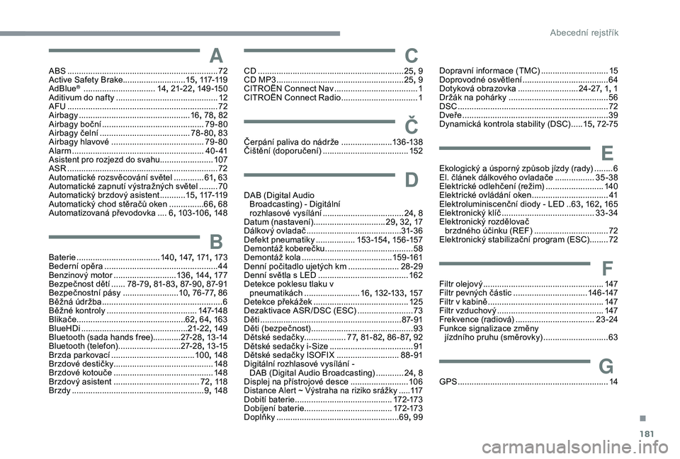 CITROEN C4 CACTUS 2019  Návod na použití (in Czech) 181
AABS .................................................................72
Active Safety Brake........................... 15, 117-11 9
AdBlue
®  ............................... 14, 21-22 , 14 9 -15