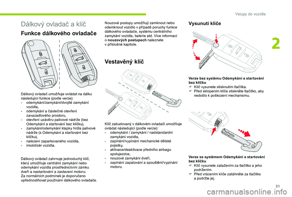 CITROEN C4 CACTUS 2019 Návod na použití (in Czech) 31
Dálkový ovladač a klíč
Dálkový ovladač umožňuje ovládat na dálku
následující funkce (podle verze):
-
o
demykání/zamykání/dvojité zamykání
vozidla,
-
o
demykání a č CITROEN C4 CACTUS 2019 Návod na použití (in Czech) 31
Dálkový ovladač a klíč
Dálkový ovladač umožňuje ovládat na dálku
následující funkce (podle verze):
-
o
demykání/zamykání/dvojité zamykání
vozidla,
-
o
demykání a č