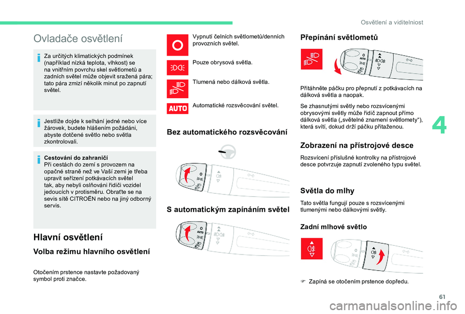 CITROEN C4 CACTUS 2019 Návod na použití (in Czech) 61
Ovladače osvětlení
Za určitých klimatických podmínek
(například nízká teplota, vlhkost) se
na vnitřním povrchu skel světlometů a
zadních světel může objevit sražená pára;
CITROEN C4 CACTUS 2019 Návod na použití (in Czech) 61
Ovladače osvětlení
Za určitých klimatických podmínek
(například nízká teplota, vlhkost) se
na vnitřním povrchu skel světlometů a
zadních světel může objevit sražená pára;