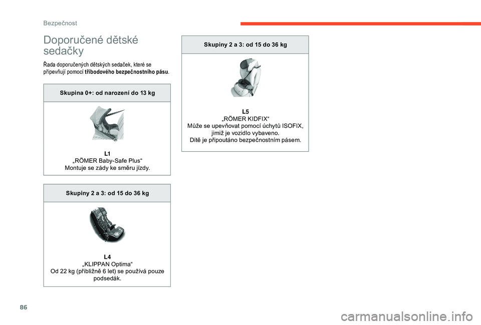 CITROEN C4 CACTUS 2019  Návod na použití (in Czech) 86
Doporučené dětské 
sedačky
Řada doporučených dětských sedaček, které se 
připevňují pomocí tříbodového bezpečnostního pásu.
Skupiny 2 a 3: od 15 do 36 kg
L5
„
RÖMER KIDFIX�
