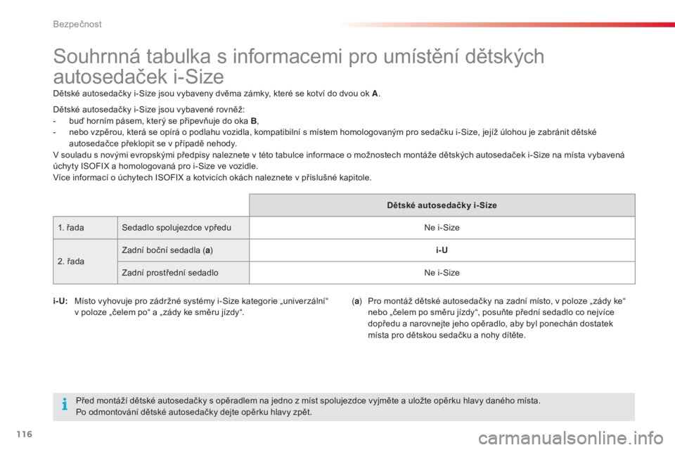 CITROEN C4 CACTUS 2018 Návod na použití (in Czech) 116
C4-cactus_cs_Chap05_securite_ed01-2016
Souhrnná tabulka s informacemi pro umístění dětských
autosedaček i-Size
Dětské autosedačky i-Size jsou vybaveny dvěma zámky, které se kotví do CITROEN C4 CACTUS 2018 Návod na použití (in Czech) 116
C4-cactus_cs_Chap05_securite_ed01-2016
Souhrnná tabulka s informacemi pro umístění dětských
autosedaček i-Size
Dětské autosedačky i-Size jsou vybaveny dvěma zámky, které se kotví do