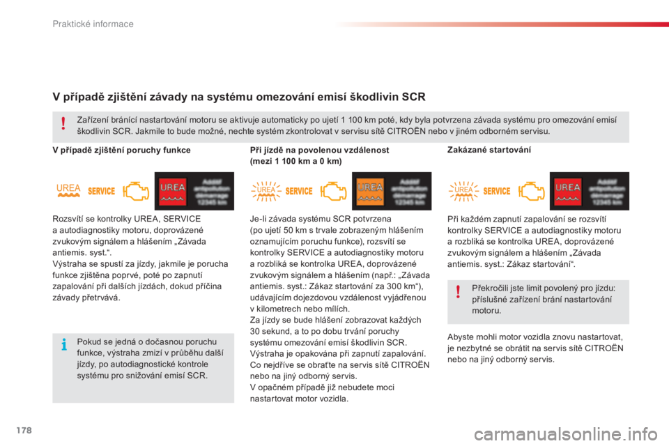 CITROEN C4 CACTUS 2018  Návod na použití (in Czech) 178
C4-cactus_cs_Chap07_info-pratiques_ed01-2016
V případě zjištění závady na systému omezování emisí škodlivin SCR
V případě zjištění poruchy funkcePři jízdě na povolenou vzdále