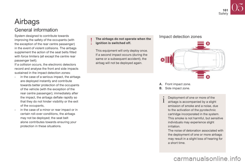 Citroen DS4 2017 1.G Owners Manual 161
DS4_en_Chap05_securite_ed01-2016
DS4_en_Chap05_securite_ed01-2016
Airbags
General information
System designed to contribute towards 
improving the safety of the occupants (with 
the exception of t