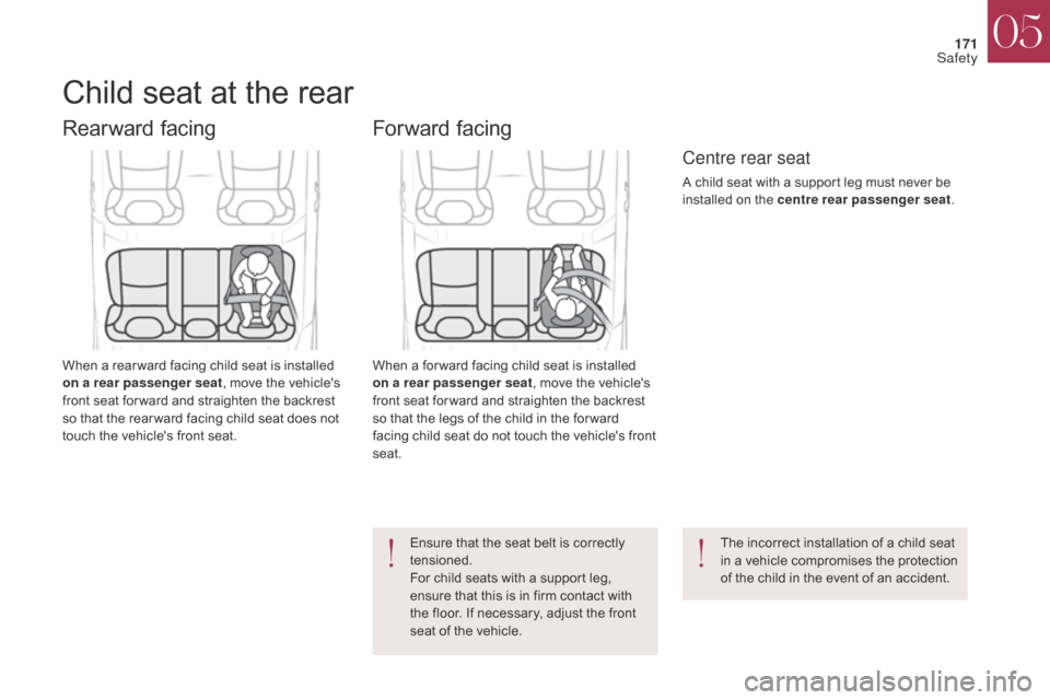 Citroen DS4 2017 1.G Owners Manual 171
DS4_en_Chap05_securite_ed01-2016
DS4_en_Chap05_securite_ed01-2016
Child seat at the rear
Rearward facing
When a rear ward facing child seat is installed 
on a rear passenger seat, move the vehicle