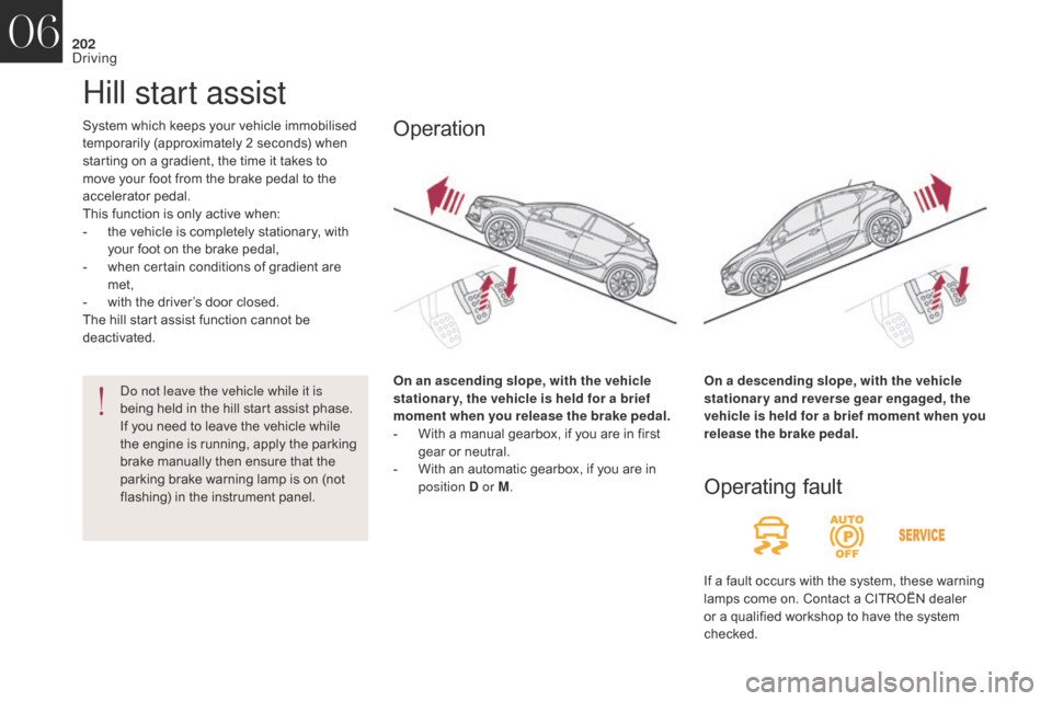 Citroen DS4 2017 1.G Owners Manual 202
DS4_en_Chap06_conduite_ed01-2016
System which keeps your vehicle immobilised 
temporarily (approximately 2 seconds) when 
starting on a gradient, the time it takes to 
move your foot from the brak