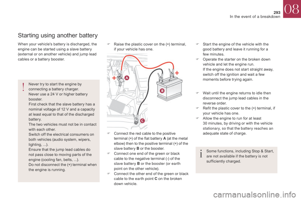 Citroen DS4 2017 1.G User Guide 293
DS4_en_Chap08_en-cas-de-panne_ed01-2016
F Connect the red cable to the positive terminal (+) of the flat battery A  (at the metal 
elbow) then to the positive terminal
  (+) of the 
slave battery 