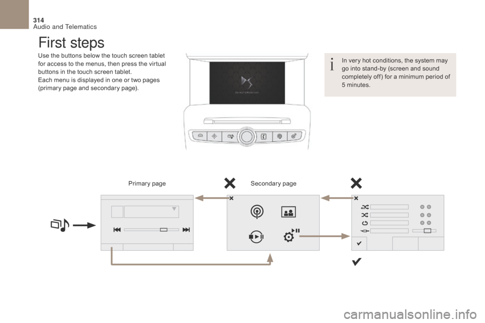 Citroen DS4 2017 1.G Manual PDF 314
DS4_en_Chap10b_SMEGplus_ed01-2016
First steps
Use the buttons below the touch screen tablet
for access to the menus, then press the virtual
buttons in the touch screen tablet.
Each menu is displ Citroen DS4 2017 1.G Manual PDF 314
DS4_en_Chap10b_SMEGplus_ed01-2016
First steps
Use the buttons below the touch screen tablet
for access to the menus, then press the virtual
buttons in the touch screen tablet.
Each menu is displ