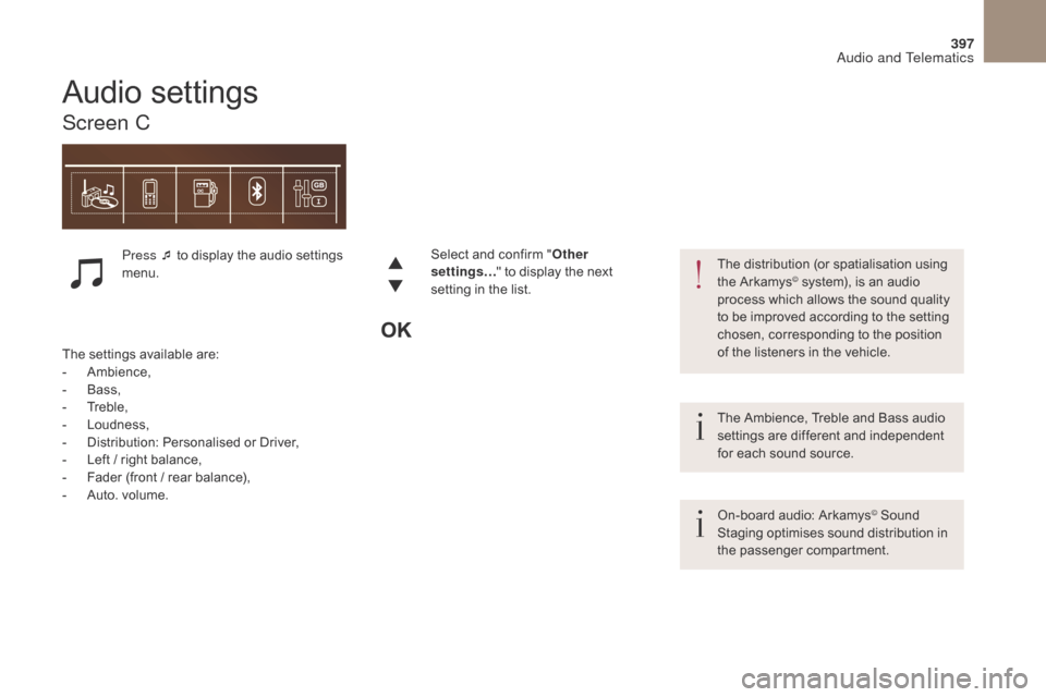 Citroen DS4 2017 1.G Owners Manual 397
DS4_en_Chap10c_RD5_ed01-2016
The Ambience, Treble and Bass audio 
se ttings are different and independent 
for each sound source.
On-board audio: Arkamys
© Sound 
Staging optimises sound distribu