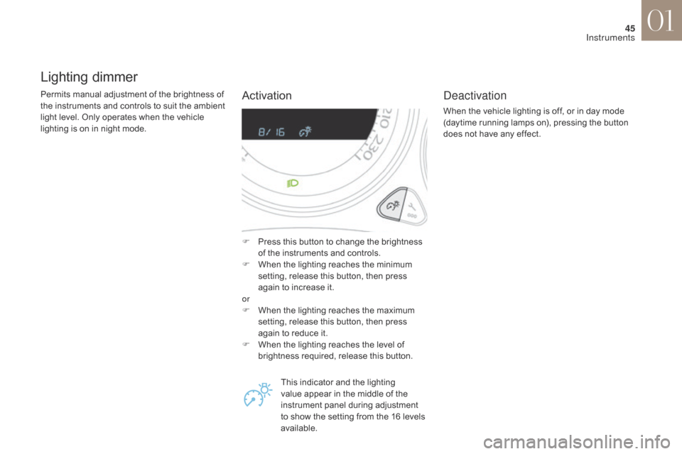 Citroen DS4 2017 1.G Owners Manual 45
DS4_en_Chap01_instruments-de-bord_ed01-2016
Lighting dimmer
Permits manual adjustment of the brightness of 
the instruments and controls to suit the ambient 
light level. Only operates when the veh