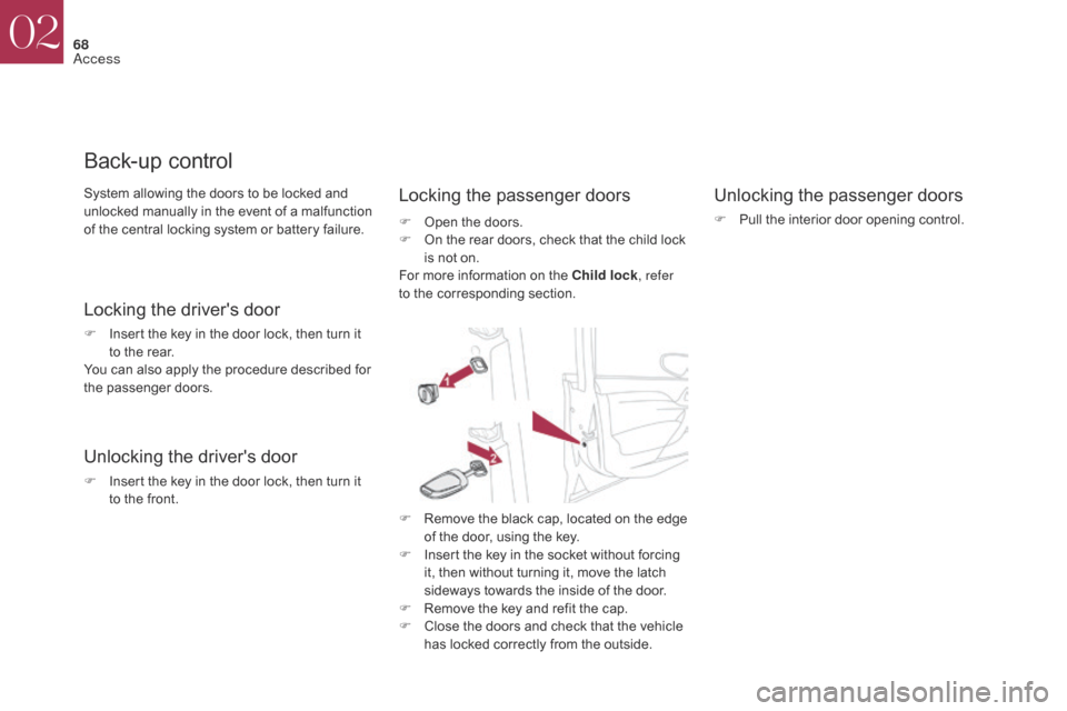 Citroen DS4 2017 1.G Owners Manual 68
DS4_en_Chap02_ouvertures_ed01-2016
System allowing the doors to be locked and 
unlocked manually in the event of a malfunction 
of the central locking system or battery failure.
Back-up control
Loc