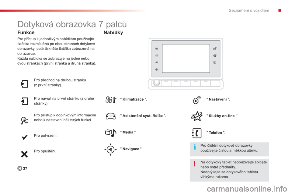 CITROEN C4 CACTUS 2014  Návod na použití (in Czech) 9
E3_cs_Chap00b_prise-en-main_ed01-2014
Dotyková obrazovka 7 palců
Funkce
Pro přístup k jednotlivým nabídkám používejte 
tlačítka rozmístěná po obou stranách dotykové 
obrazovky, poté