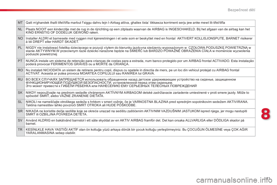 CITROEN C4 CACTUS 2014 Návod na použití (in Czech) 151
MTQatt m’ghandek thalli tifel/tifla marbut f’siggu dahru lejn l-Airbag attiva, ghaliex tista’ tikkawza korriment serju jew anke mewt lit-tifel/tifla
NL Plaats NOOIT een kinderzitje met de ru CITROEN C4 CACTUS 2014 Návod na použití (in Czech) 151
MTQatt m’ghandek thalli tifel/tifla marbut f’siggu dahru lejn l-Airbag attiva, ghaliex tista’ tikkawza korriment serju jew anke mewt lit-tifel/tifla
NL Plaats NOOIT een kinderzitje met de ru