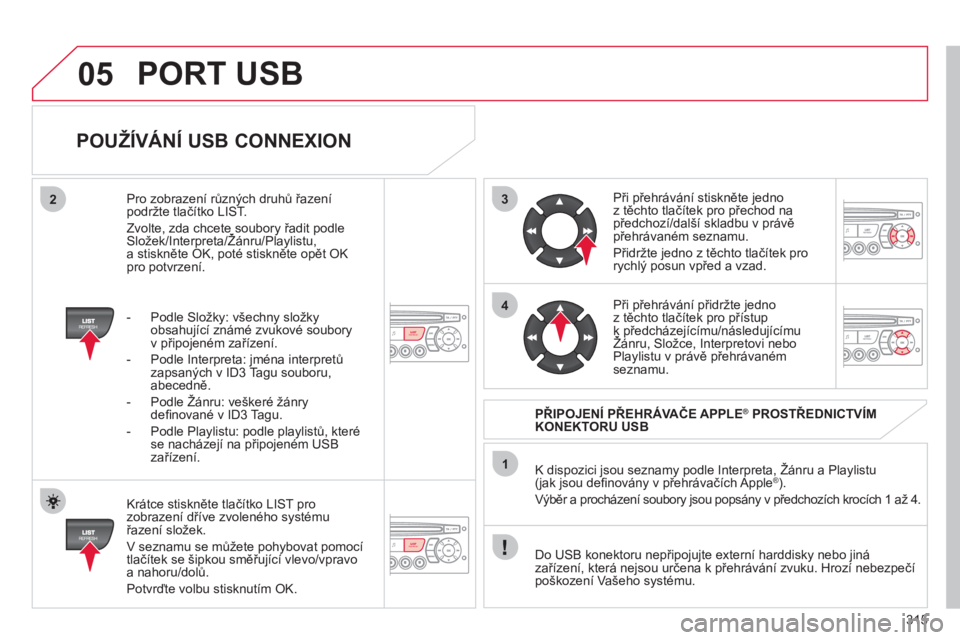 CITROEN C4 PICASSO 2013  Návod na použití (in Czech) 315
3
4
05
2
1
LISTREFRESH
LISTREFRESH
   
POUŽÍVÁNÍ USB CONNEXION 
 
 
Krátce stiskněte tlačítko LIST pro zobrazení dříve zvoleného systému řazení složek.
  V seznamu se můžete poh
