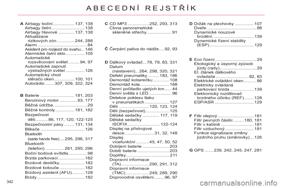 CITROEN C4 PICASSO 2013  Návod na použití (in Czech) 342 
ABECEDNÍ REJSTŘÍK
Airbagy boční................. 137,138Airbagy čelní.......................... 138Airbagy hlavové ............. 137,138Aktualizacerizikových zón.............. 244,288Al