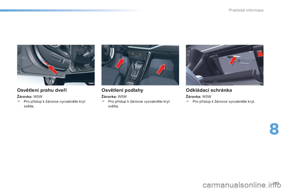 CITROEN C5 2016  Návod na použití (in Czech) 203
C5_cs_Chap08_information_ed01-2015
Osvětlení prahu dveří
Žárovka: W5W
F  P ro přístup k žárovce vycvakněte kryt 
světla.
Osvětlení podlahy
Žárovka:  W5W
F  P ro přístup k žárov