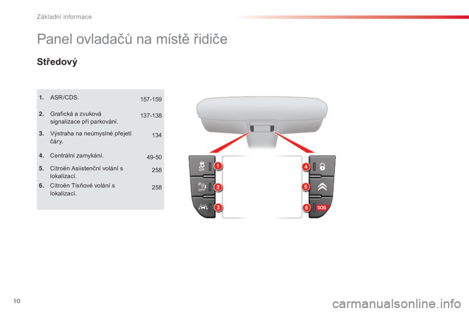 CITROEN C5 2015 Návod na použití (in Czech) 10
C5_cs_Chap00b_vue-ensemble_ed01-2014
Panel ovladačů na místě řidiče
1. aSr/CDS.
2.
Gra
fická a zvuková
signalizace při parkování.
3.
výst
raha na neúmyslné přejetí
č á r y CITROEN C5 2015 Návod na použití (in Czech) 10
C5_cs_Chap00b_vue-ensemble_ed01-2014
Panel ovladačů na místě řidiče
1. aSr/CDS.
2.
Gra
fická a zvuková
signalizace při parkování.
3.
výst
raha na neúmyslné přejetí
č á r y