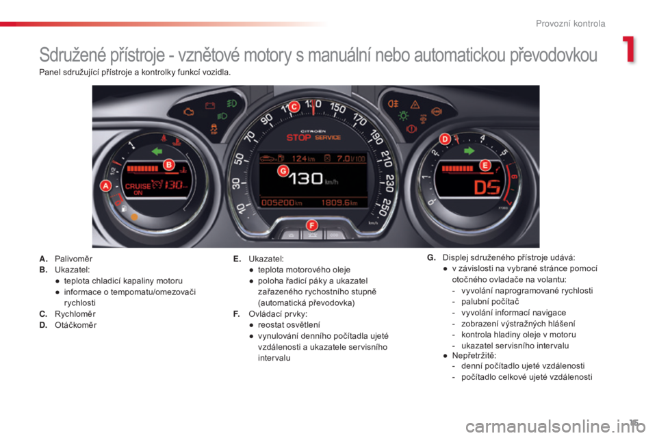 CITROEN C5 2015 Návod na použití (in Czech) 15
C5_cs_Chap01_controle-de-marche_ed01-2014
Sdružené přístroje - vznětové motory s manuální nebo automatickou převodovkou
A. Palivoměr
B. ukaz atel:
●
tep
lota chladicí kapaliny motor CITROEN C5 2015 Návod na použití (in Czech) 15
C5_cs_Chap01_controle-de-marche_ed01-2014
Sdružené přístroje - vznětové motory s manuální nebo automatickou převodovkou
A. Palivoměr
B. ukaz atel:
●
tep
lota chladicí kapaliny motor