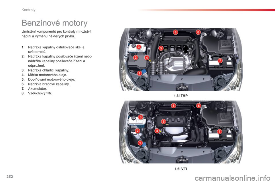 CITROEN C5 2015  Návod na použití (in Czech) 232
C5_cs_Chap09_verification_ed01-2014
umístění komponentů pro kontroly množství 
ná plní a výměnu některých prvků.
1.6i THP
1.6i VTi
Benzínové motory
1. Nádržka kapaliny ostřikova�